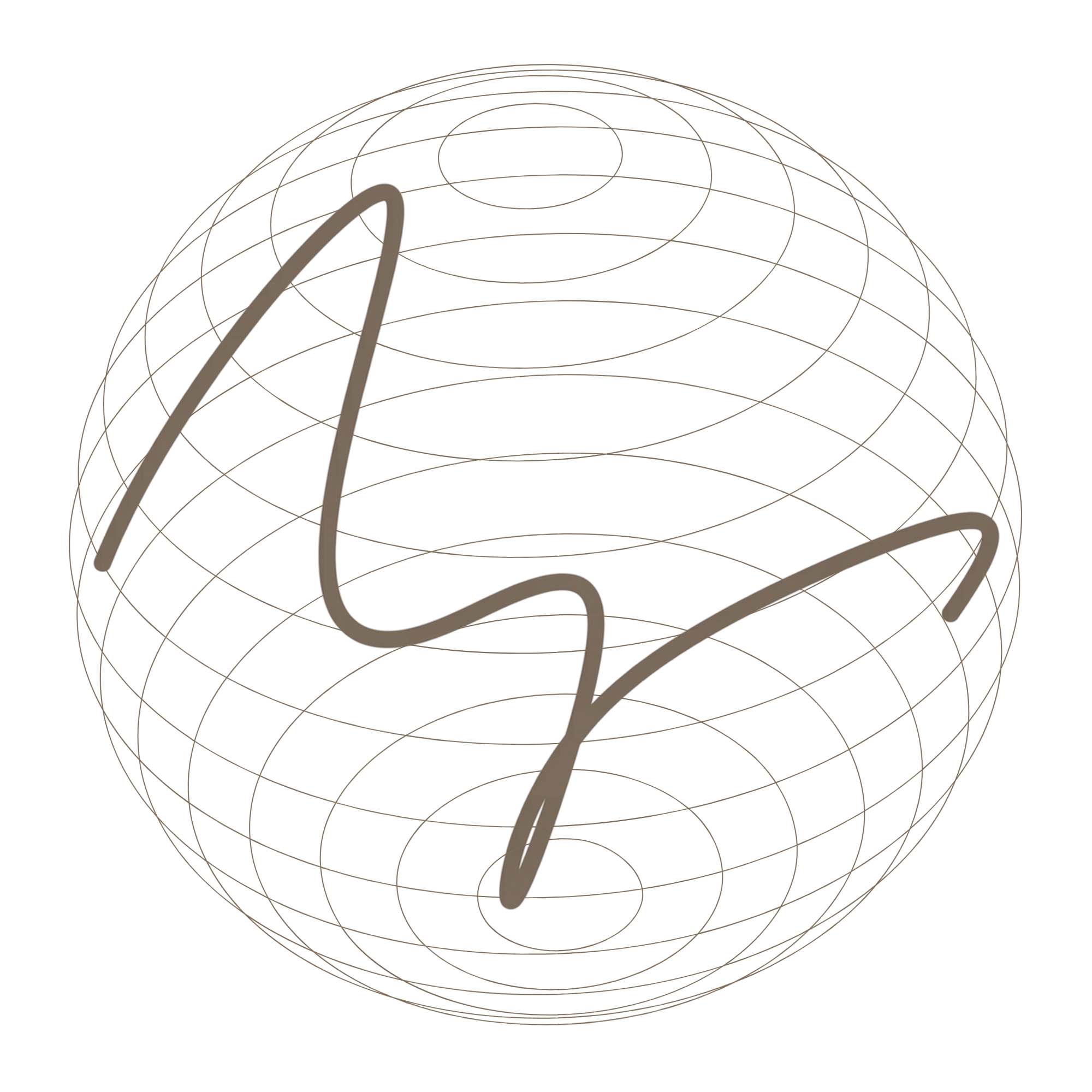 Abstraktes minimalistisches Monogramm-Logo in Taupe auf schwarzem Hintergrund mit feinen geometrischen Linien in Kugelform