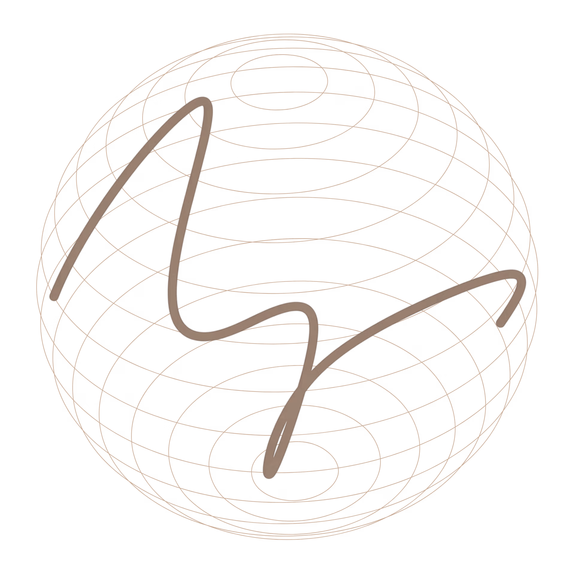 Abstract minimalist monogram-logo in Taupe auf schwarzem Hintergrund mit feinen geometrischen Linien in Kugelform